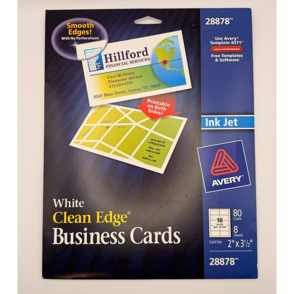 Avery 28878 Clean Edge Business Cards Inkjet‎ White Printable 80 Cards 2-Sided